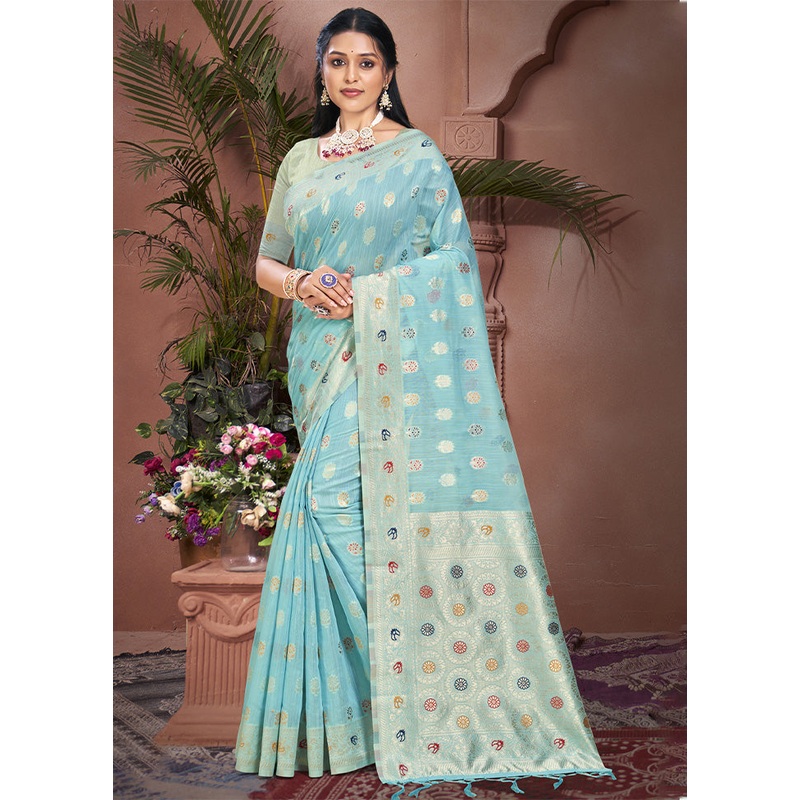 Sky Blue Cotton Saree With Blouse Piece - JD986604100