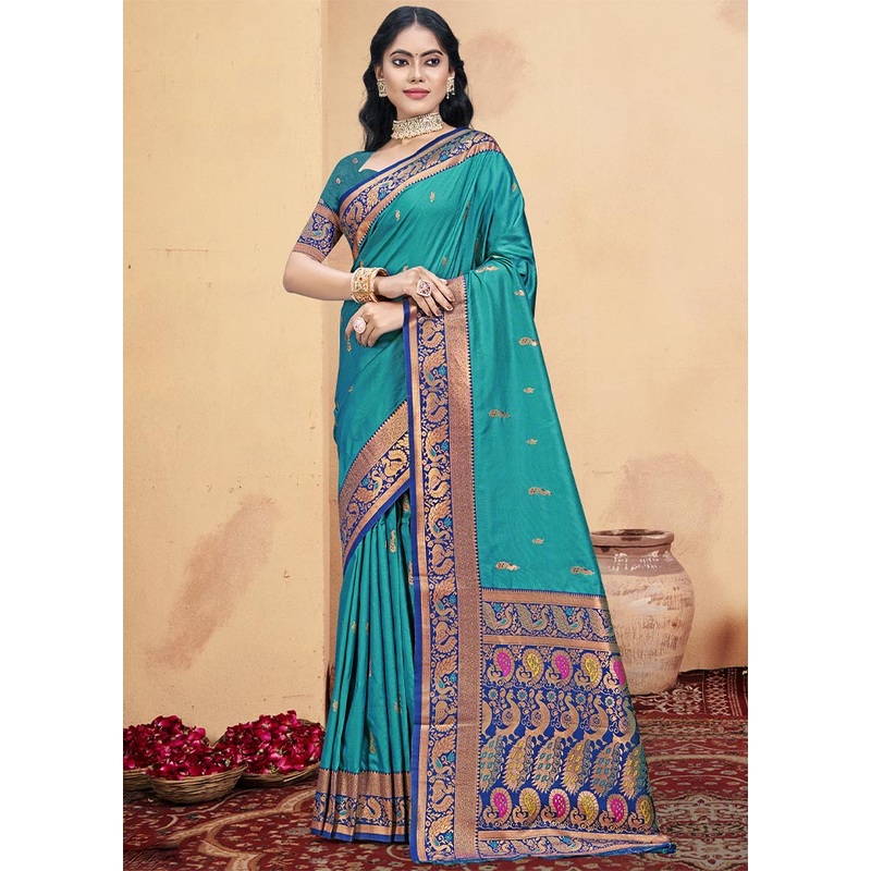 Sky Blue Dupion Silk Saree With Blouse Piece - JD986604088
