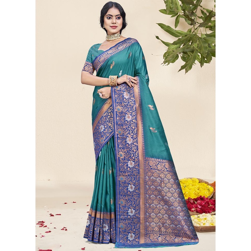 Sky Blue Dupion Silk Saree With Blouse Piece - JD986604089