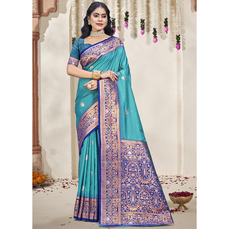Sky Blue Dupion Silk Saree With Blouse Piece - JD986604092
