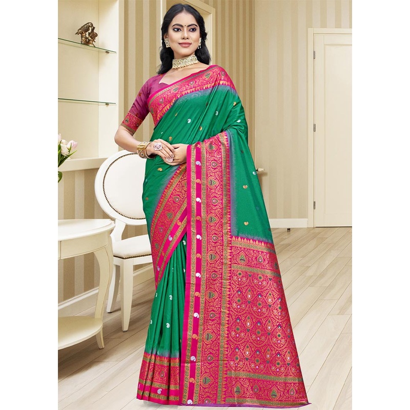 Teal Green Dupion Silk Saree With Blouse Piece - JD986604081