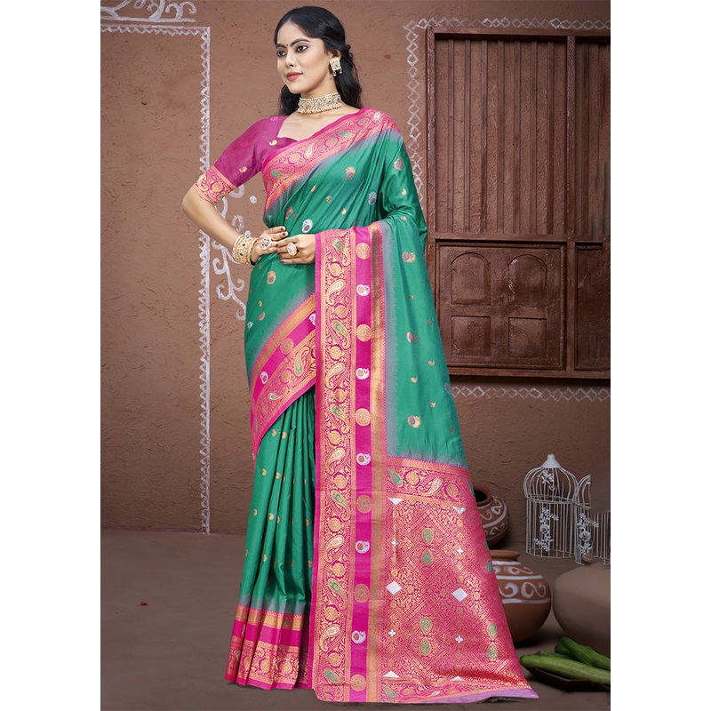 Teal Green Dupion Silk Saree With Blouse Piece - JD986604083