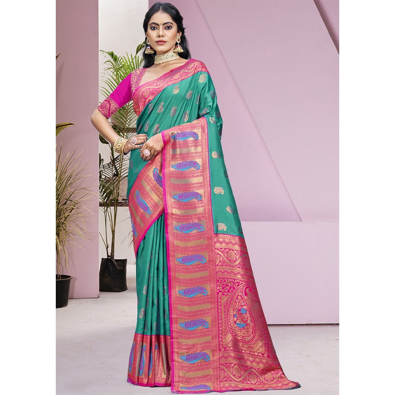 Teal Green Dupion Silk Saree With Blouse Piece - JD986604084