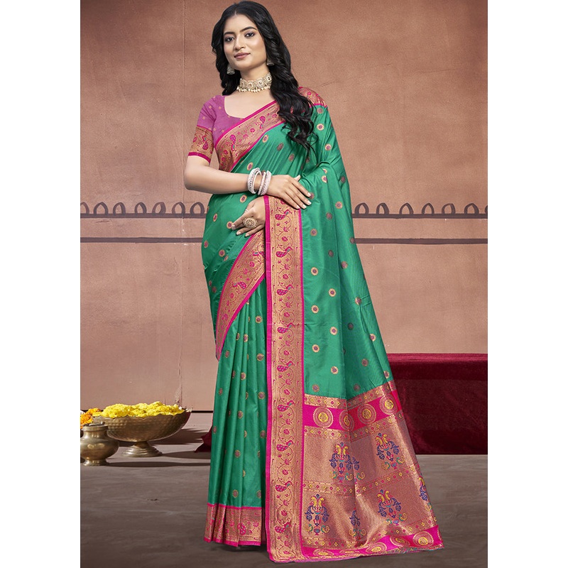 Teal Green Dupion Silk Saree With Blouse Piece - JD986604085
