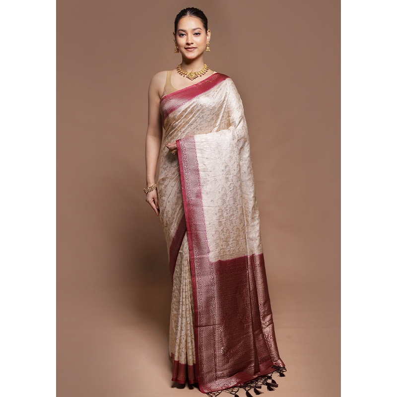 White Dupion Silk Saree With Blouse Piece - JD986604192