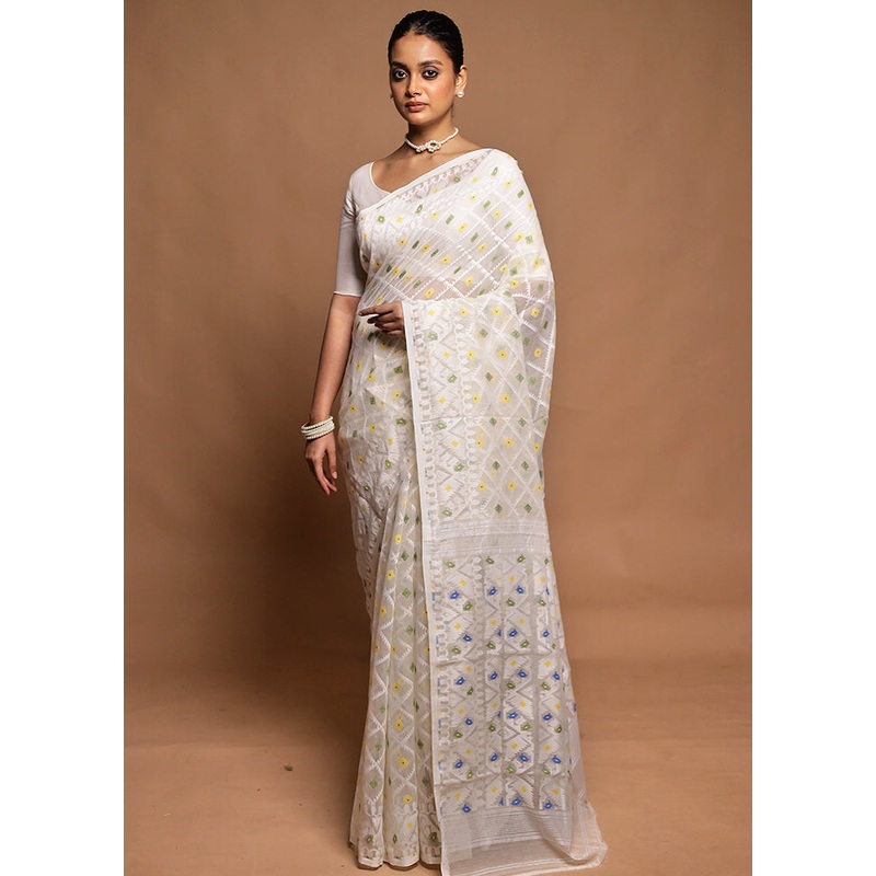 White Jamdani Cotton Saree Without Blouse Piece - JD986604175