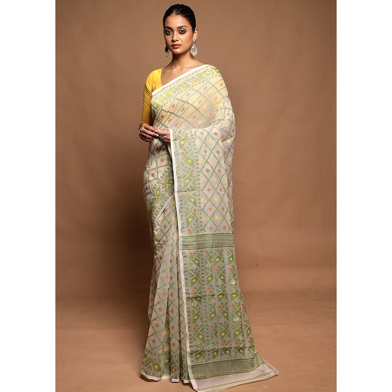 White Jamdani Cotton Saree Without Blouse Piece - JD986604176