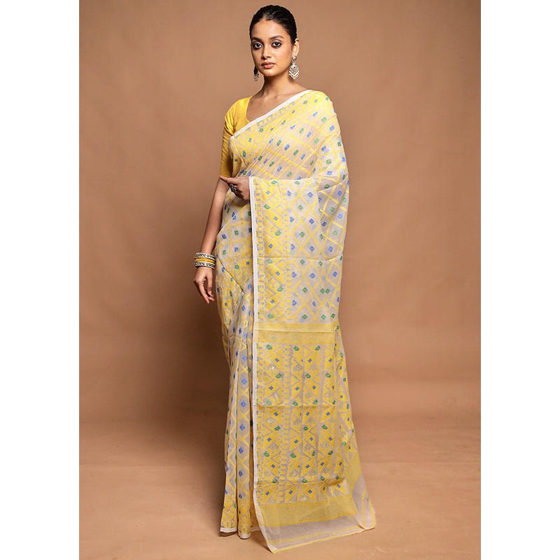 White Jamdani Cotton Saree Without Blouse Piece - JD986604177