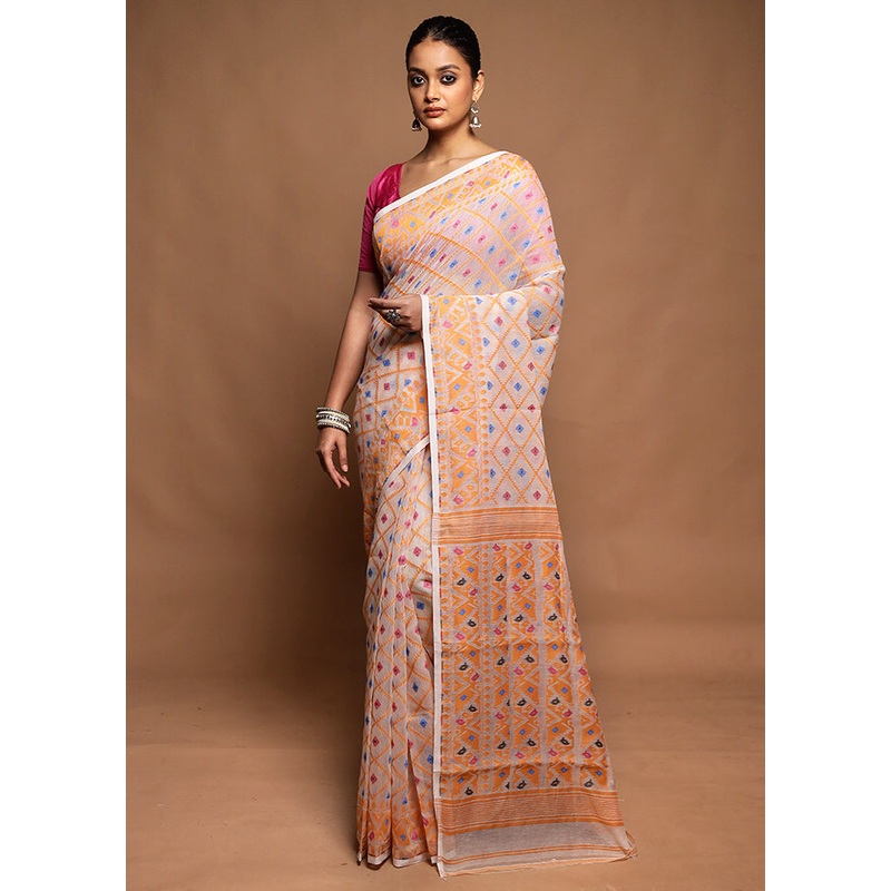 White Jamdani Cotton Saree Without Blouse Piece - JD986604178