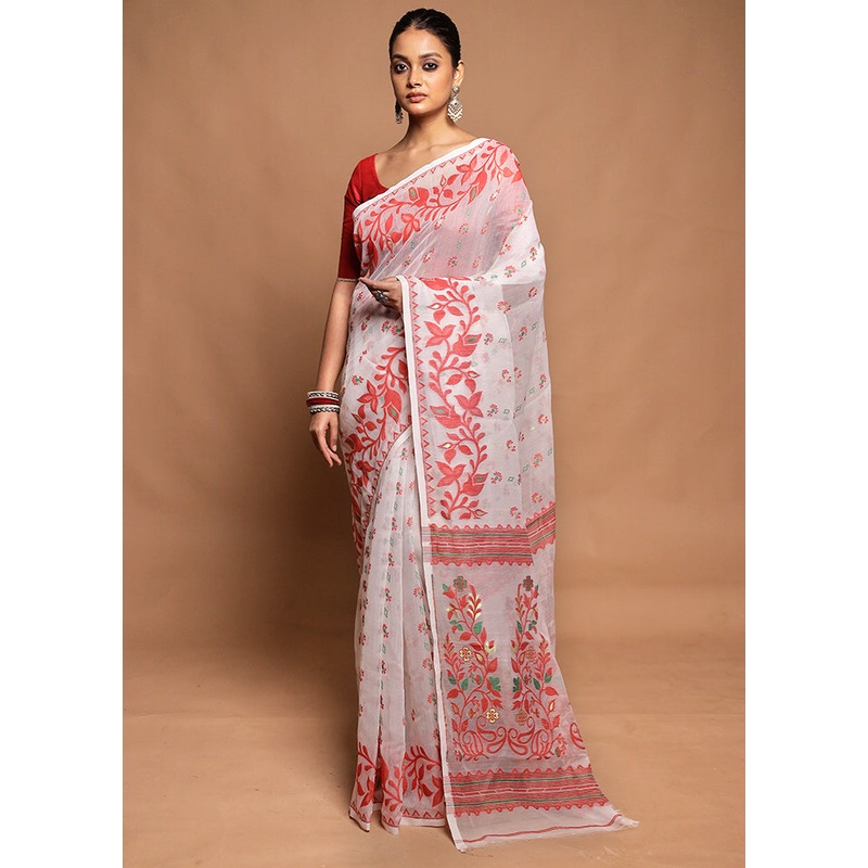 White Jamdani Cotton Saree Without Blouse Piece - JD986604179