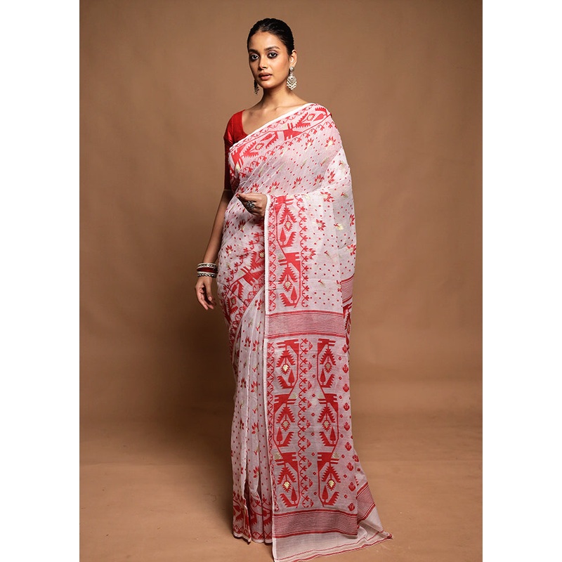 White Jamdani Cotton Saree Without Blouse Piece - JD986604180