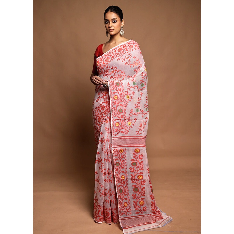 White Jamdani Cotton Saree Without Blouse Piece - JD986604181