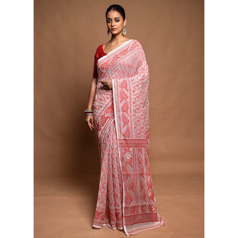 White Jamdani Cotton Saree Without Blouse Piece - JD986604182