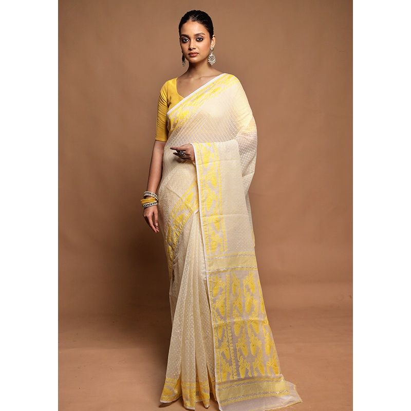 White Jamdani Cotton Saree Without Blouse Piece - JD986604183
