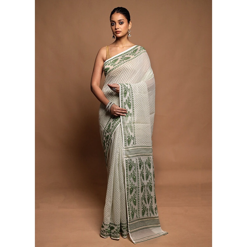 White Jamdani Cotton Saree Without Blouse Piece - JD986604184