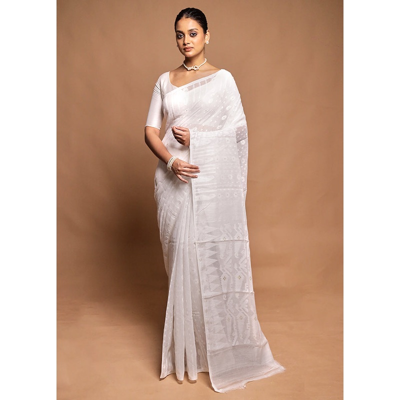 White Jamdani Cotton Saree Without Blouse Piece - JD986604185