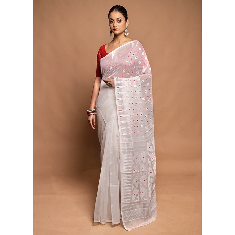 White Jamdani Cotton Saree Without Blouse Piece - JD986604187