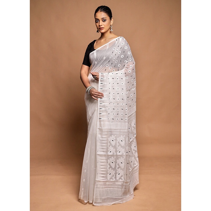 White Jamdani Cotton Saree Without Blouse Piece - JD986604188