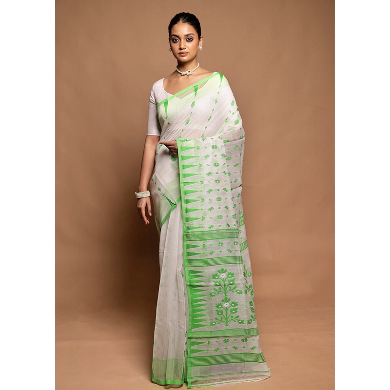 White Jamdani Cotton Saree Without Blouse Piece - JD986604189