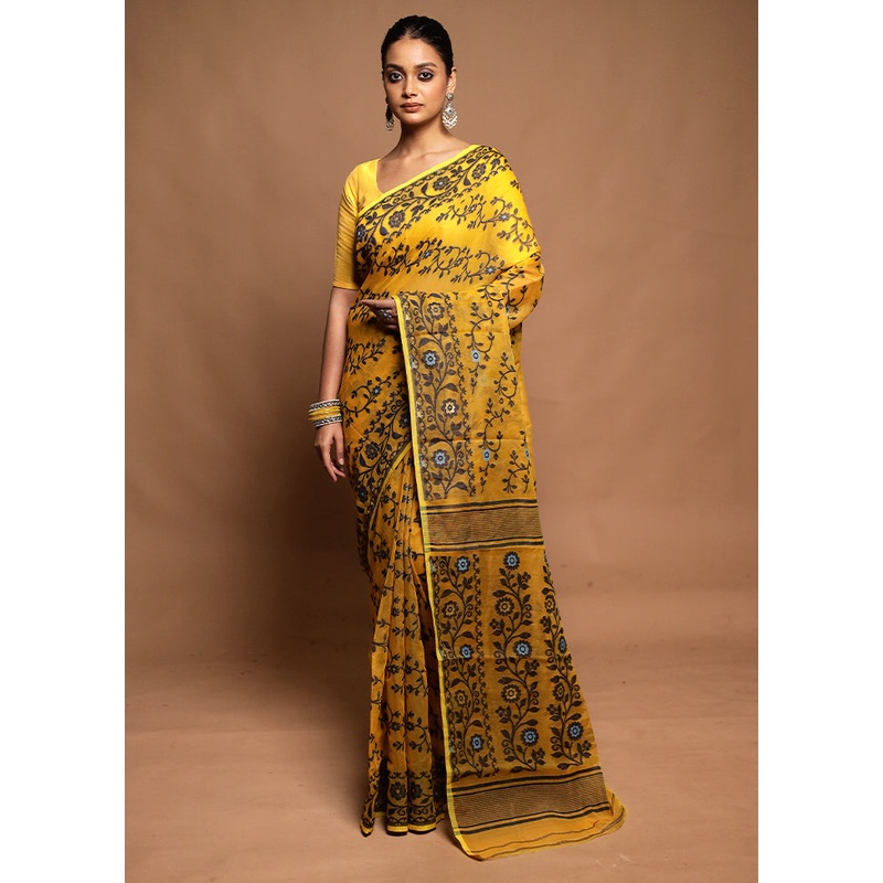 Yellow Jamdani Cotton Saree Without Blouse Piece - JD986604169