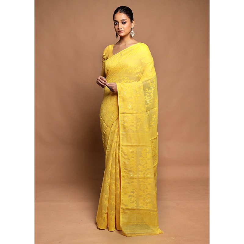 Yellow Jamdani Cotton Saree Without Blouse Piece - JD986604170