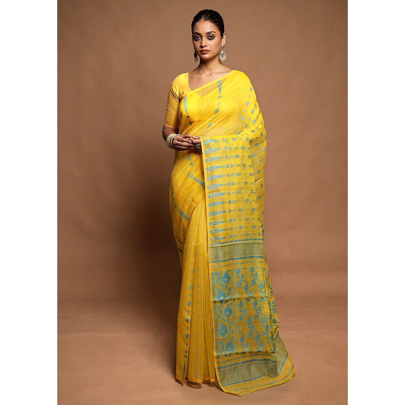 Yellow Jamdani Cotton Saree Without Blouse Piece - JD986604171