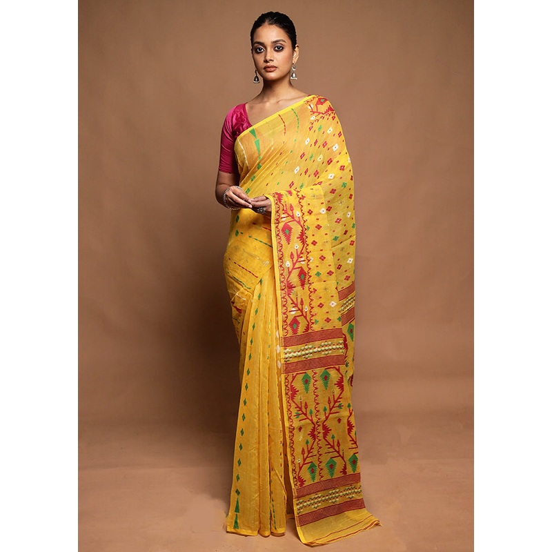 Yellow Jamdani Cotton Saree Without Blouse Piece - JD986604172