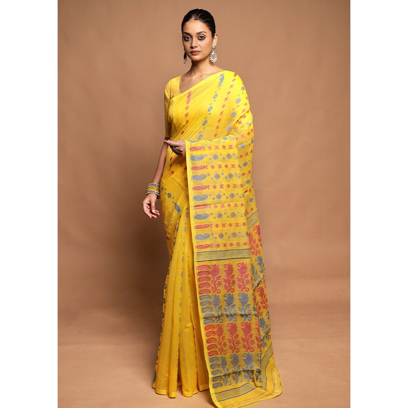 Yellow Jamdani Cotton Saree Without Blouse Piece - JD986604173
