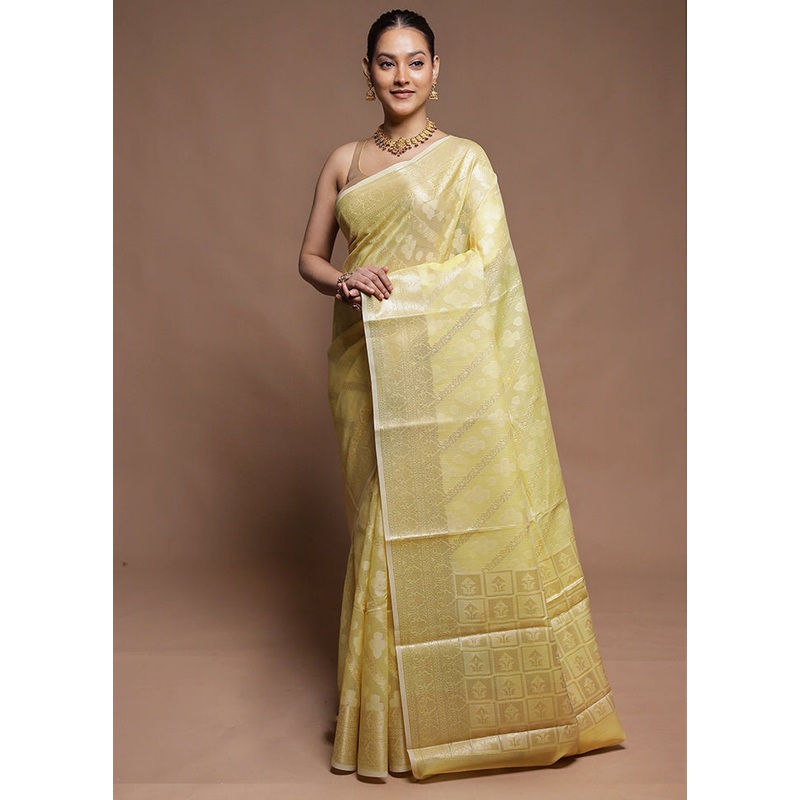 Yellow Kora Silk Saree With Blouse Piece - JD986604167