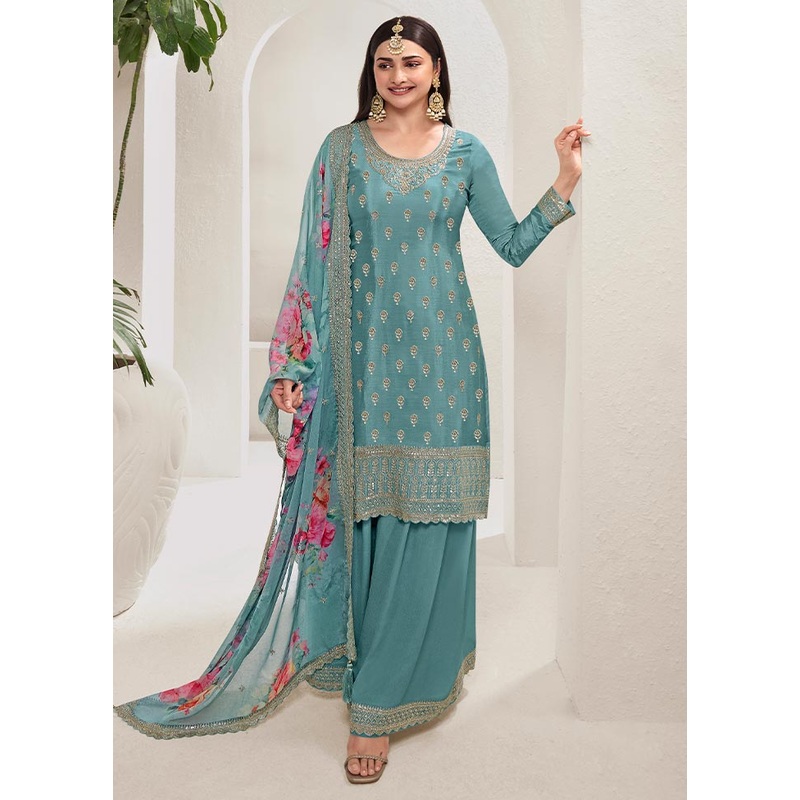 3 Pc Blue Semi Stitched Viscose Suit Set - JD986604052