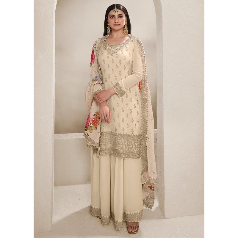 3 Pc Cream Semi Stitched Viscose Suit Set - JD986604051