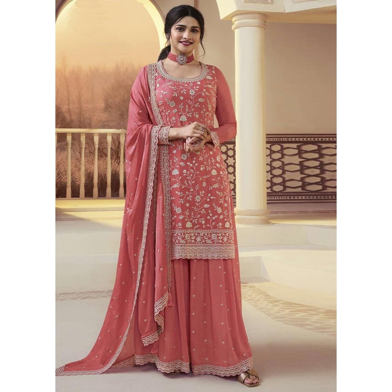 3 Pc Dark Peach Semi Stitched Silk Suit Set - JD986604050