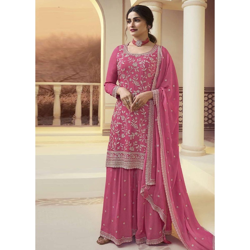 3 Pc Dark Pink Semi Stitched Silk Suit Set - JD986604049