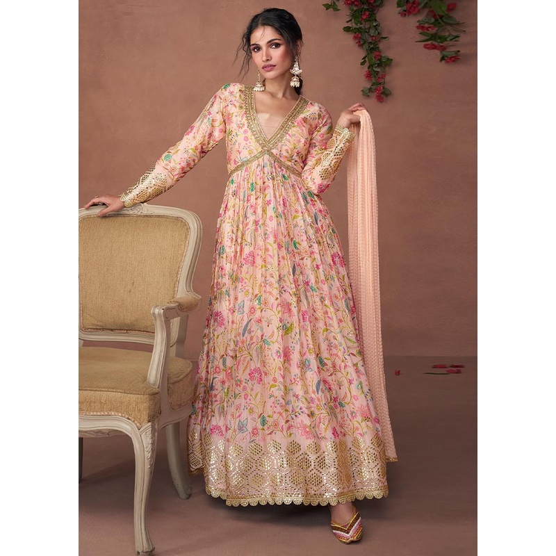 3 Pc Light Peach Semi Stitched Silk Suit Set - JD986604048