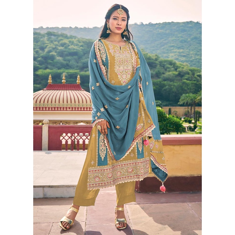 3 Pc Light Yellow Semi Stitched Silk Suit Set - JD986604046
