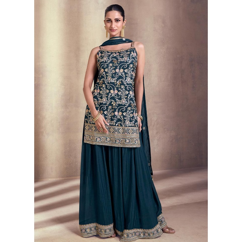 3 Pc Teal Semi Stitched Georgette Suit Set - JD986604027