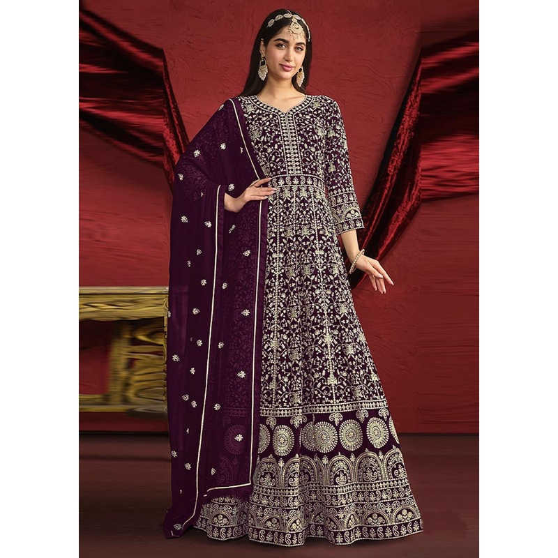3 Pc Wine Semi Stitched Georgette Suit Set - JD986604026