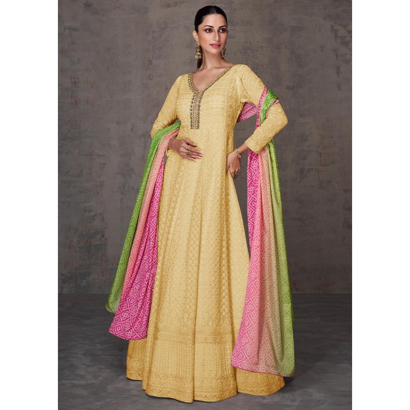 3 Pc Yellow Semi Stitched Georgette Suit Set - JD986604025