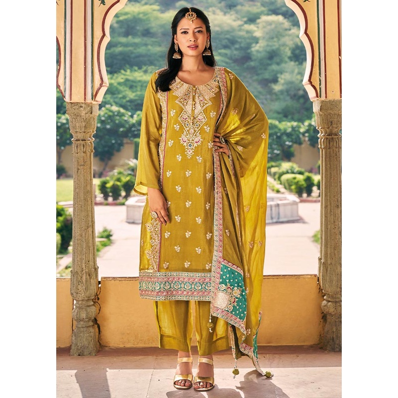 3 Pc Yellow Semi Stitched Silk Suit Set - JD986604023