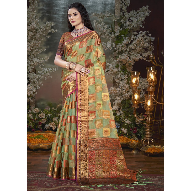 Beige Chanderi Silk Saree With Blouse Piece - JD986603943