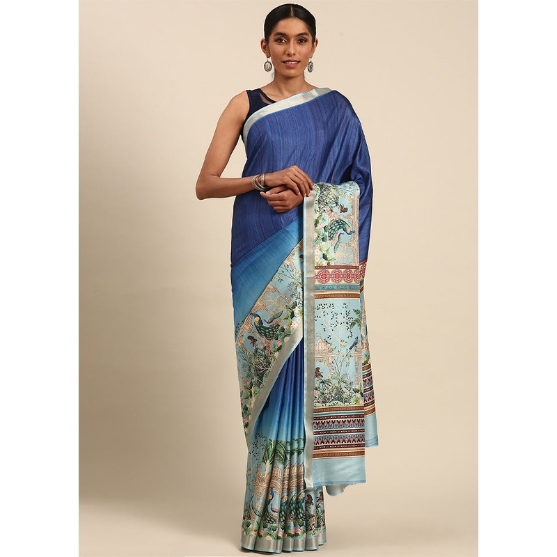 Blue Cotton Saree With Blouse Piece - JD986603939