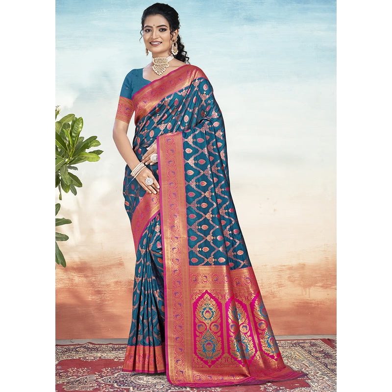 Blue Dupion Silk Saree With Blouse Piece - JD986603937