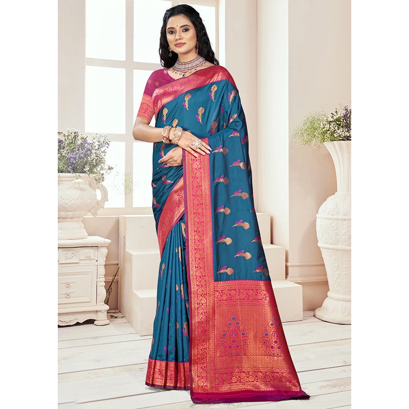 Blue Dupion Silk Saree With Blouse Piece - JD986603938