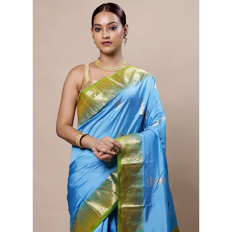 Blue Handloom Kanjivaram Pure Silk Saree With Blouse Piece - JD986604015