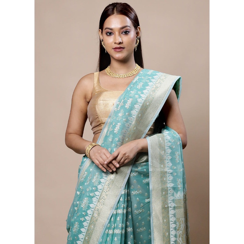 Blue Kora Silk Saree With Blouse Piece - JD986604009