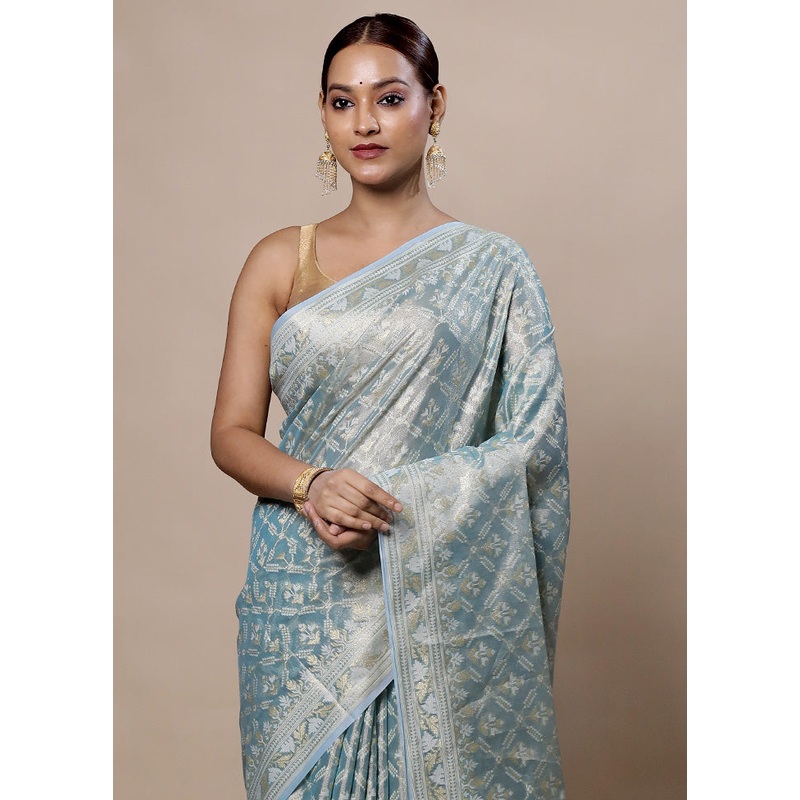 Blue Tissue Silk Saree With Blouse Piece - JD986604007