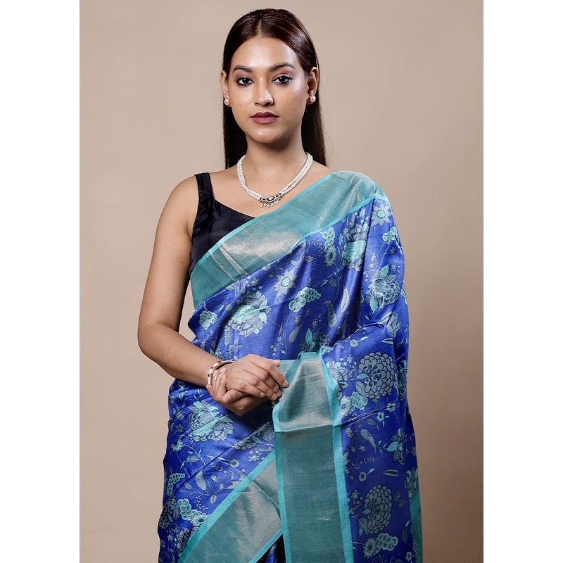 Blue Tussar Silk Saree With Blouse Piece - JD986604005