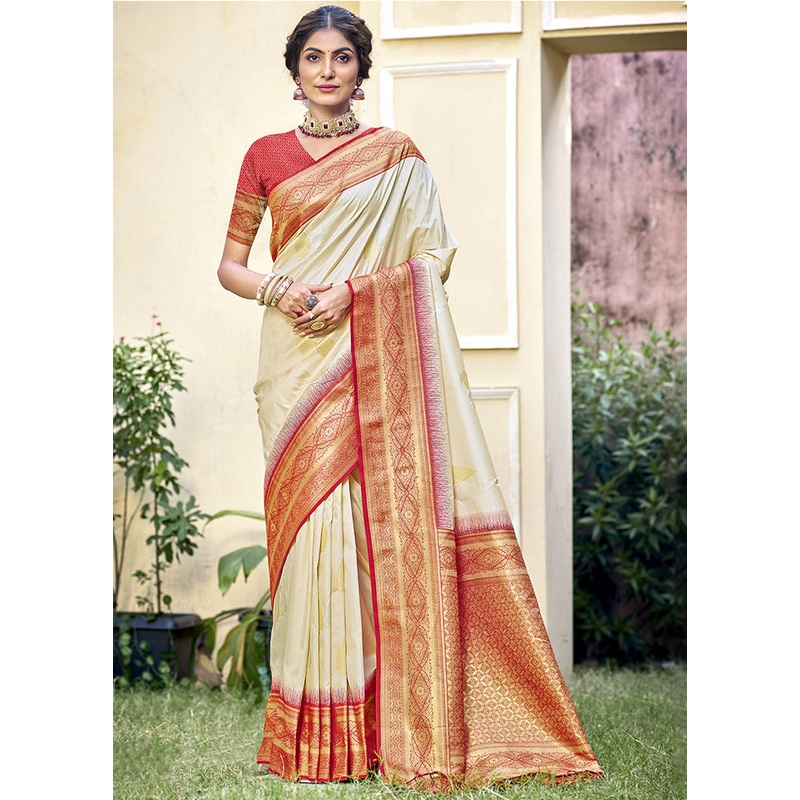 Cream Dupion Silk Saree With Blouse Piece - JD986603925