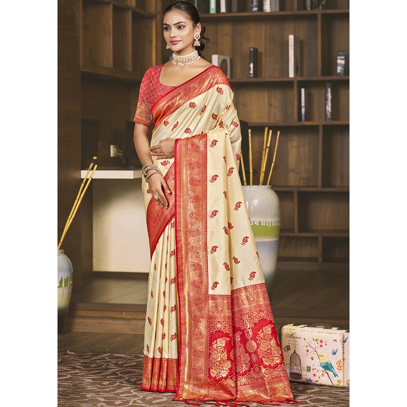 Cream Dupion Silk Saree With Blouse Piece - JD986603926