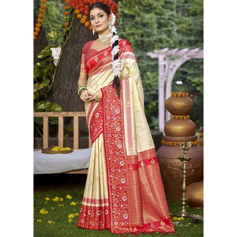 Cream Dupion Silk Saree With Blouse Piece - JD986603927